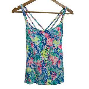 Lilly Pulitzer Luxletic Meryl Tank Top S Mermaid Cove UPF 50 Vacation Shelf Bra